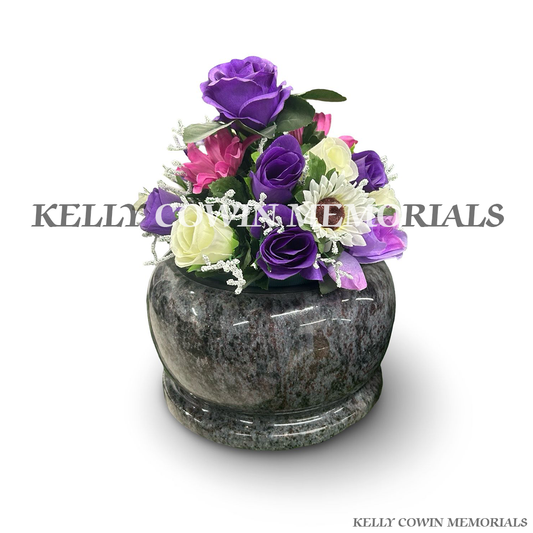 Front view of Blue Lagoon urn shaped granite memorial vase