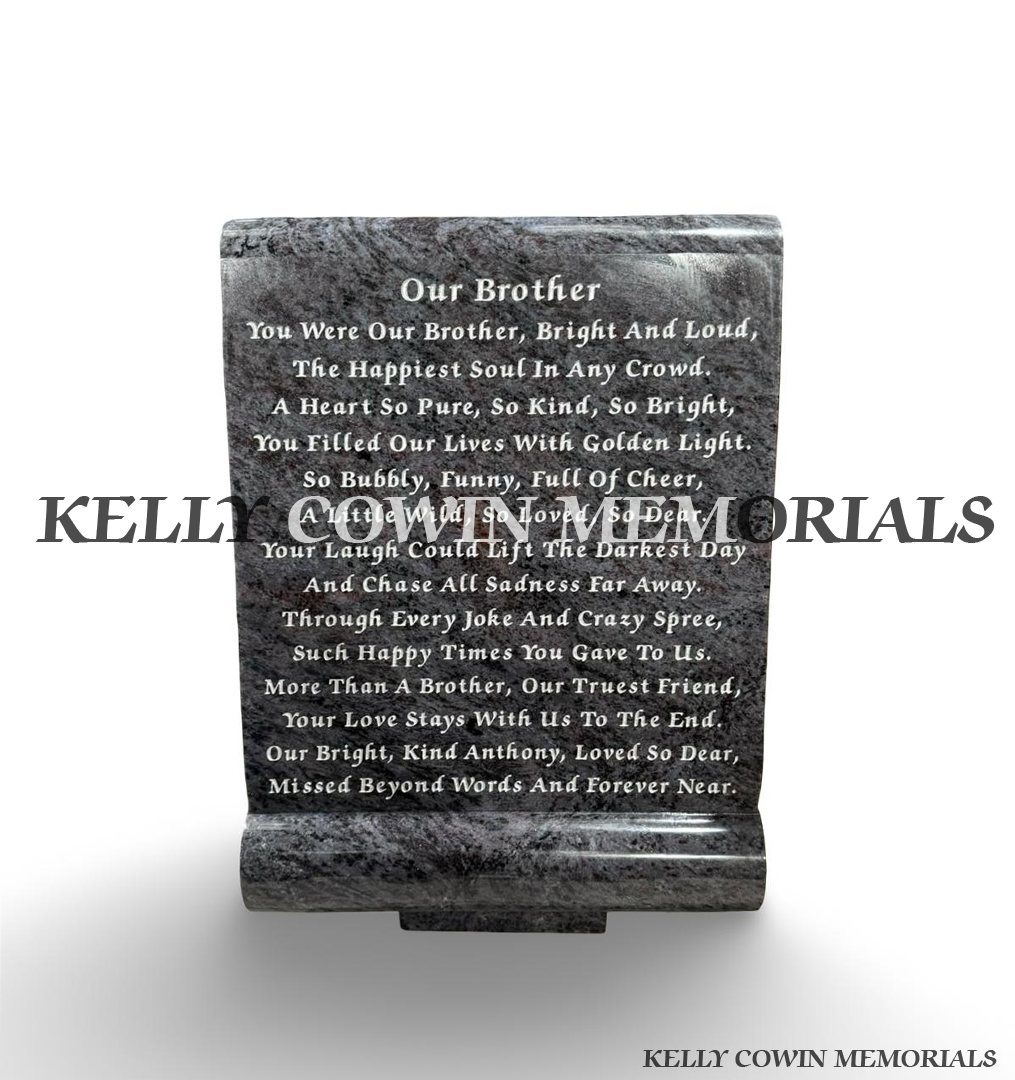 Blue Lagoon granite scroll memorial plaque with polished finish, carved rolled edges and personalised silver engraved remembrance poem.