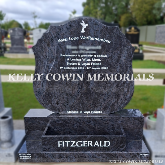 Blue Lagoon granite shell headstone with flower box in Balgriffin Cemetery Dublin by Kelly Cowin Memorials