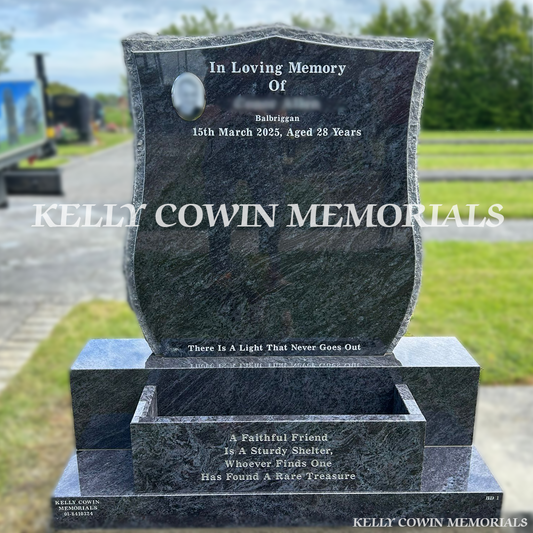 Front view of Blue Lagoon shield headstone with silver inscription in Flemington Cemetery