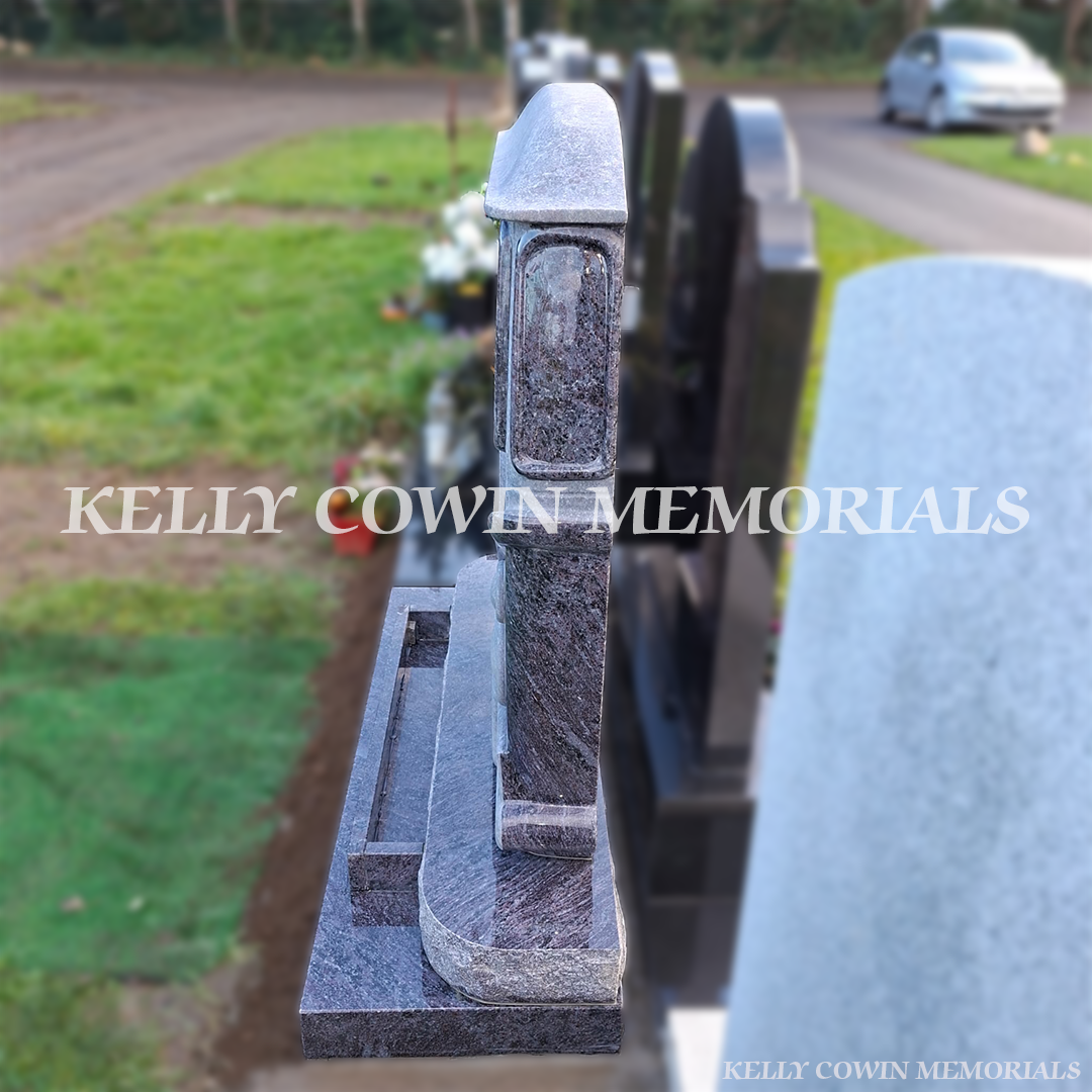 “Side view of bespoke campervan memorial headstone with plinth by Kelly Cowin Memorials Dublin”