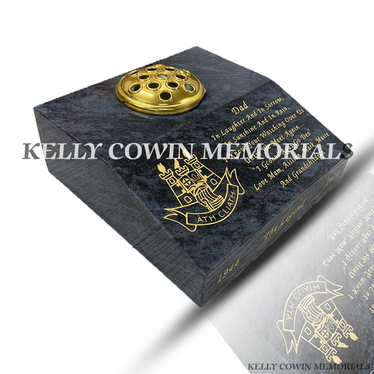 Front view of Blue Lagoon granite sloped memorial vase with gold inscription