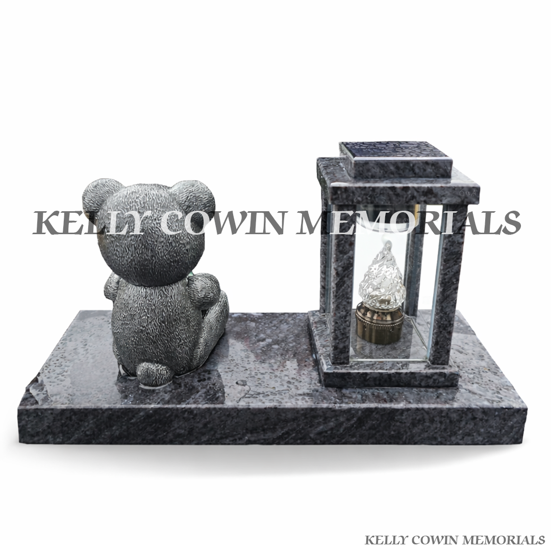 Back view of Blue Lagoon granite lantern with silver teddy bear holding heart