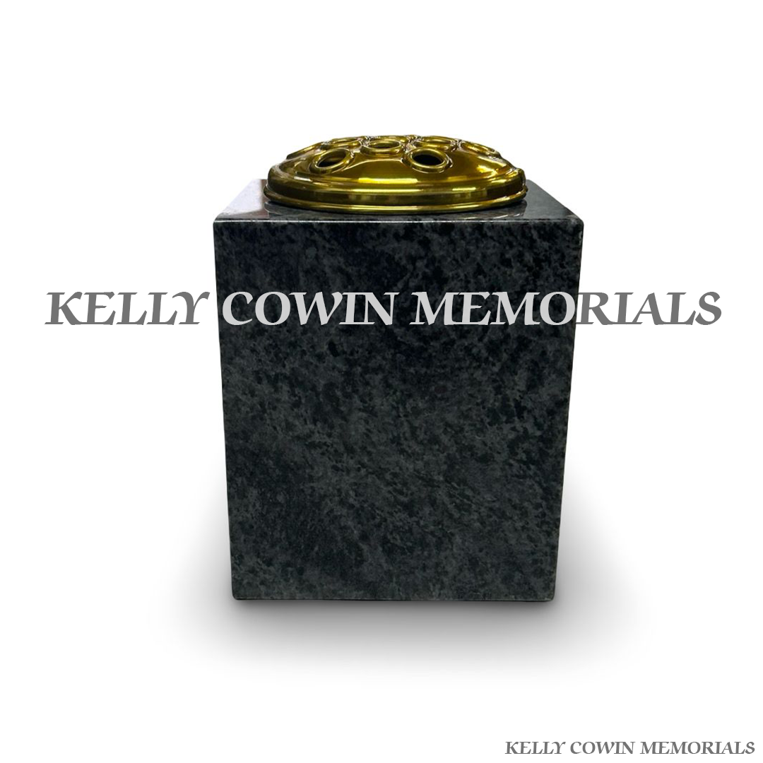 Back view of polished Blue Lagoon granite vase