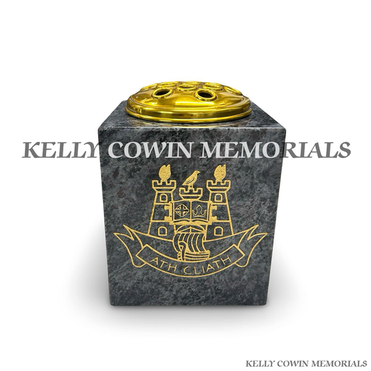 Front view of Blue Lagoon square vase with gold Dublin crest and gold lid
