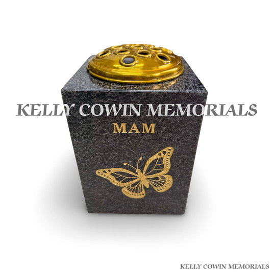 Front view of Blue Lagoon square vase with Mam inscription and butterfly engraving