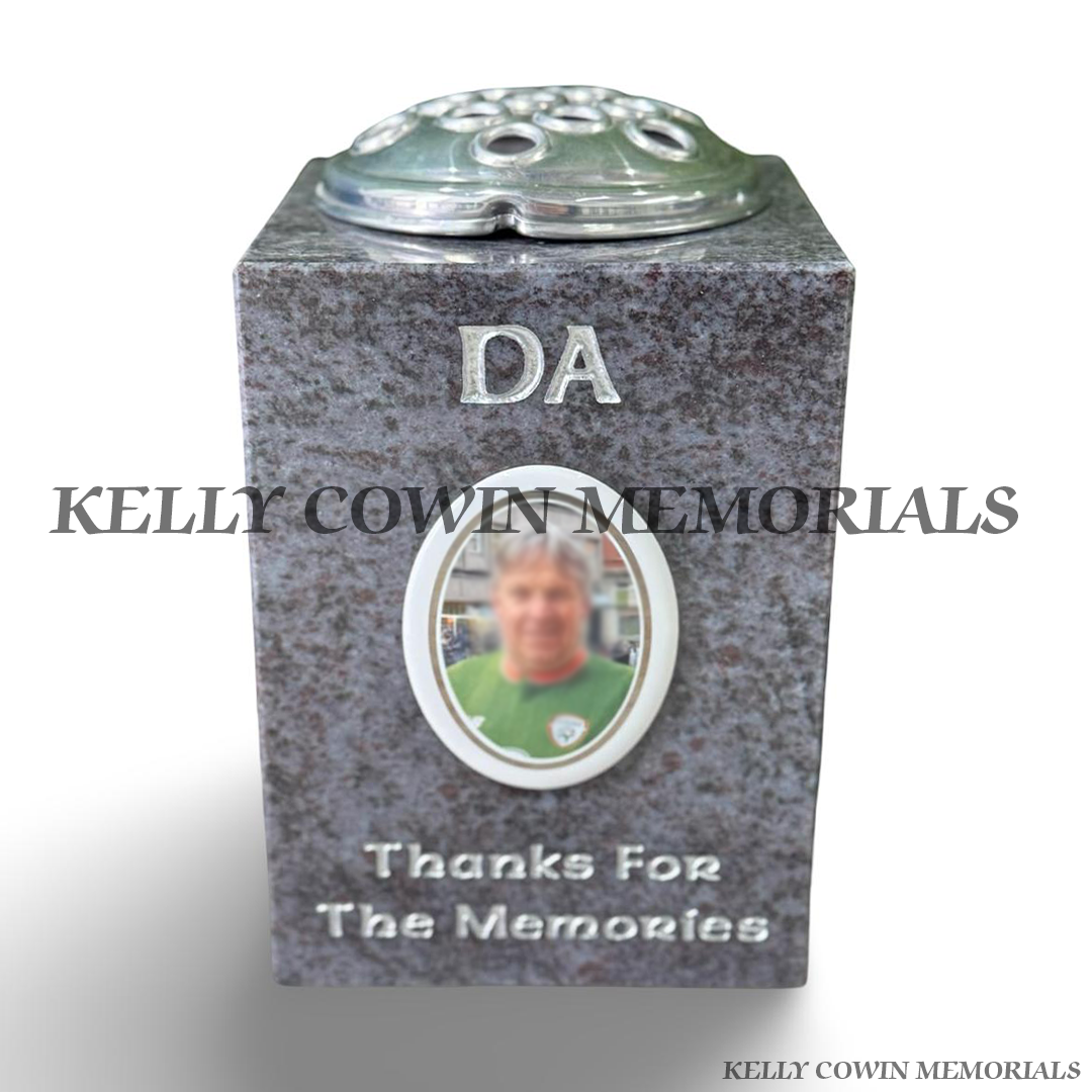 Blue Lagoon granite square memorial vase with personalised ceramic photo and silver engraved inscription by Kelly Cowin Memorials Ireland