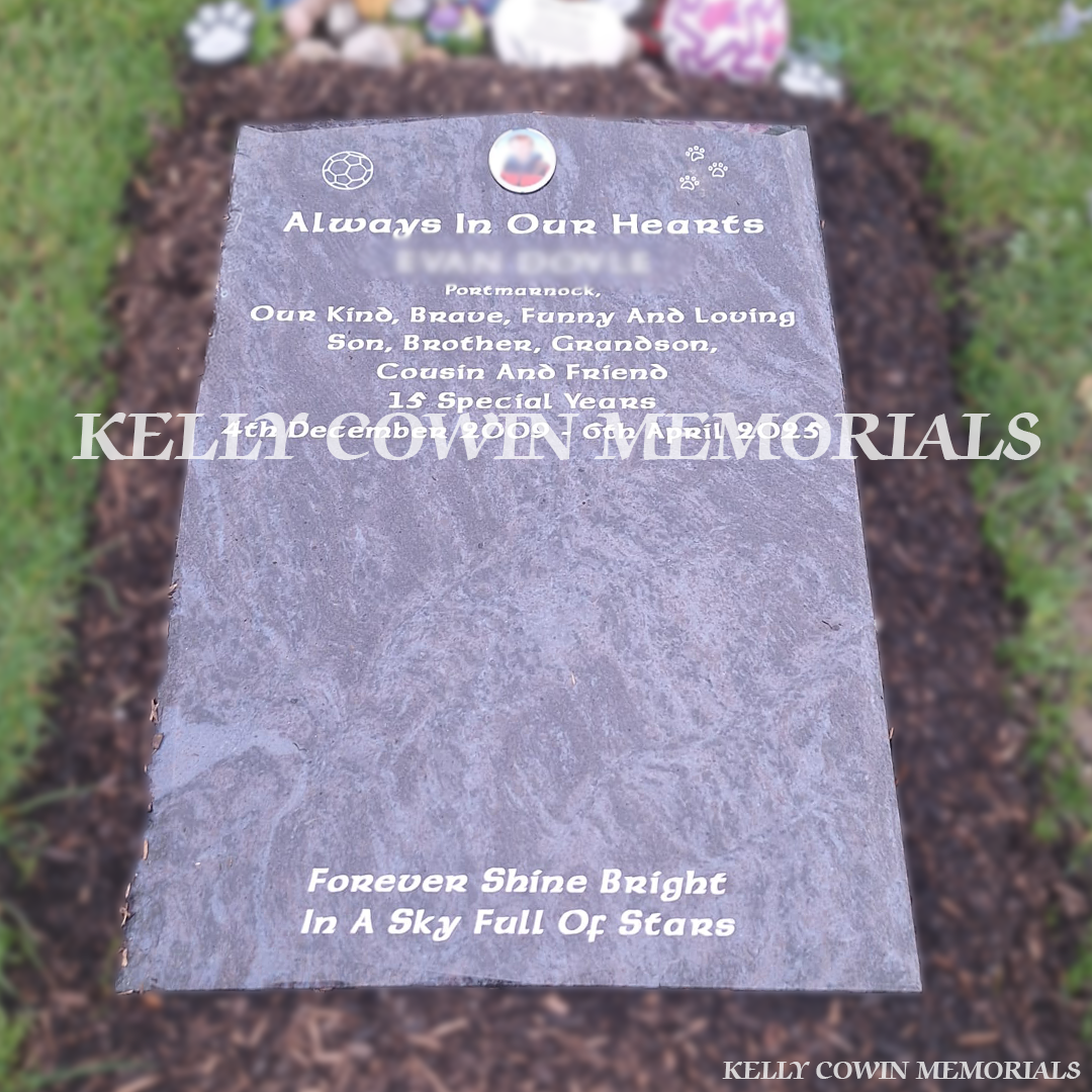 Front view of Blue Lagoon St. Fintan’s headstone with silver inscription