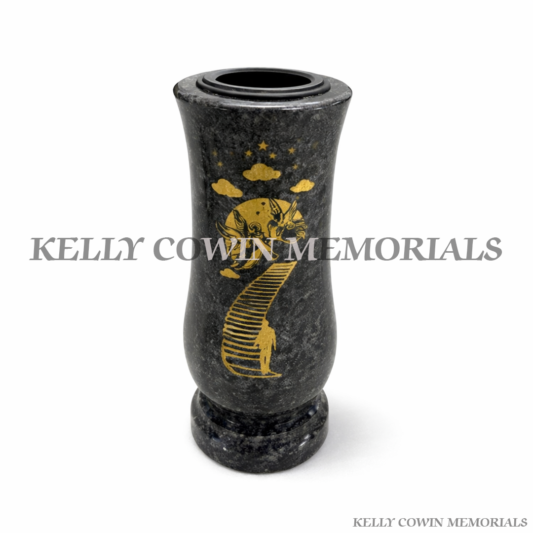 Blue Lagoon granite memorial vase with Stairway to Heaven engraved design for graveside flowers Ireland