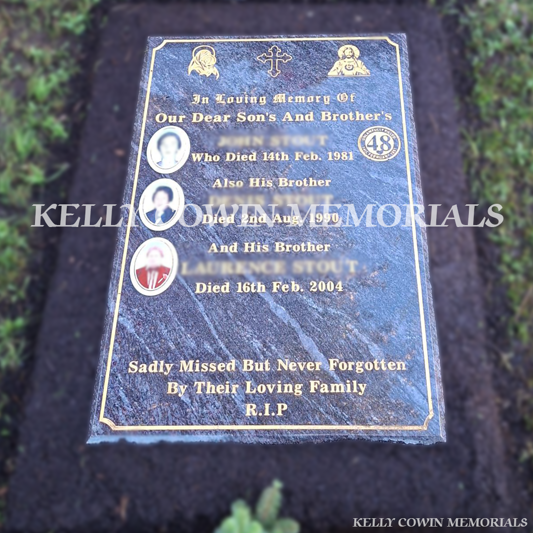 Blue Lagoon granite headstone with gold leaf inscription and ceramic photos in St. Fintan’s Cemetery Sutton by Kelly Cowin Memorials