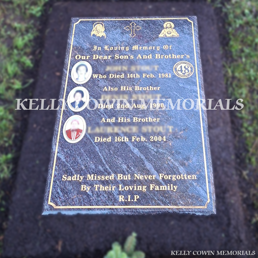 Blue Lagoon granite headstone with gold leaf inscription and ceramic photos in St. Fintan’s Cemetery Sutton by Kelly Cowin Memorials