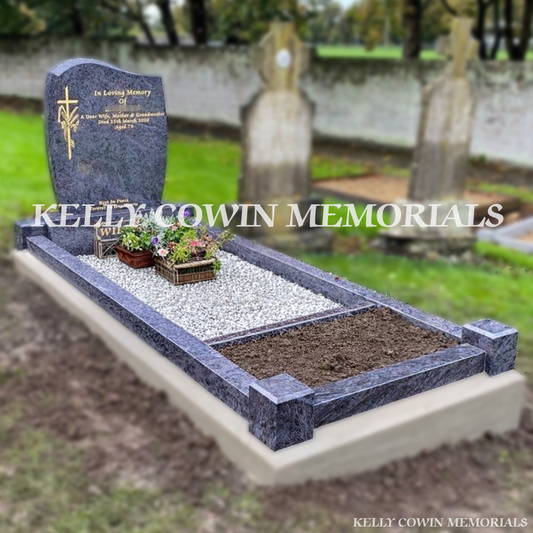 Front view of Blue Lagoon tall C1 headstone with gold inscription in a Dublin cemetery
