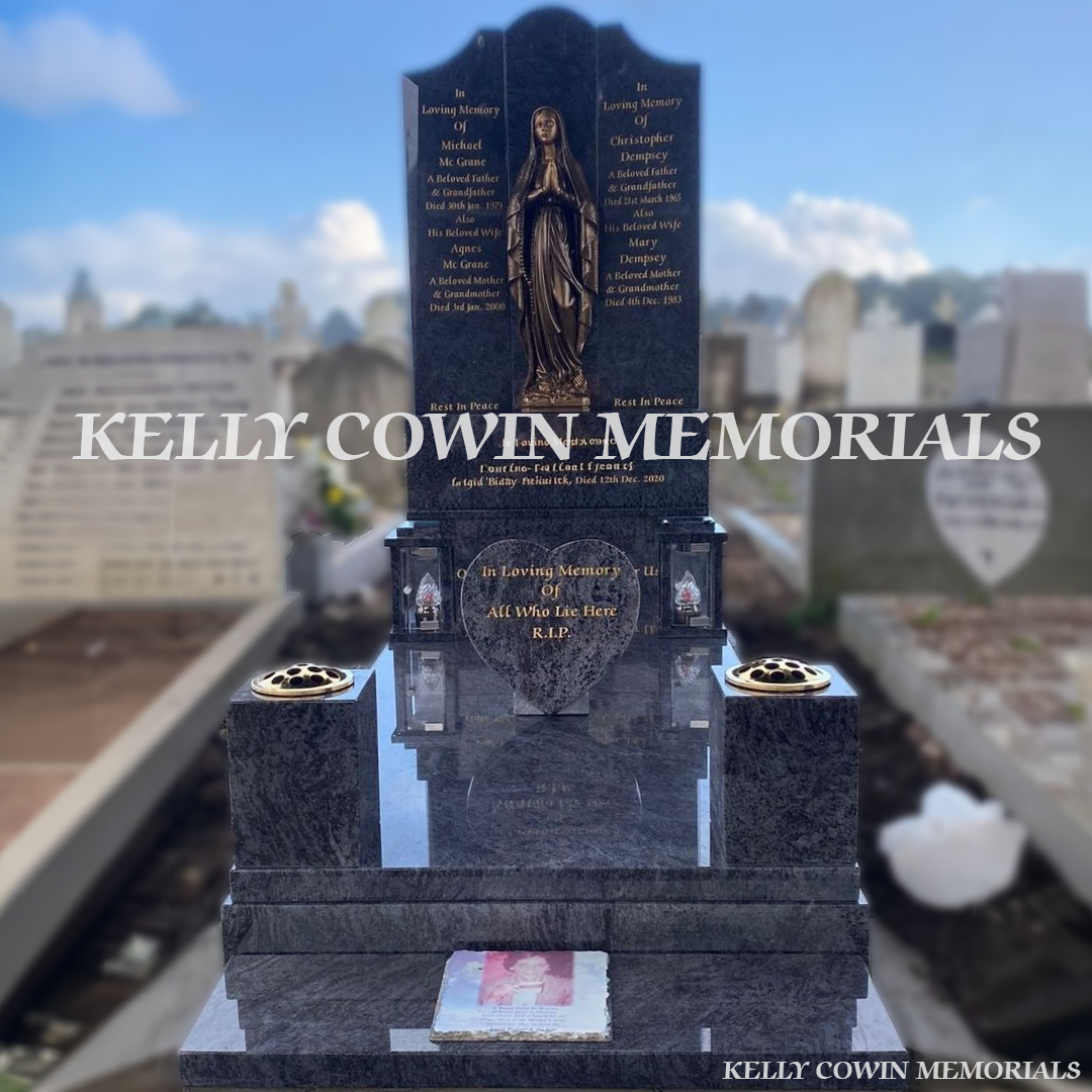 Front view of Blue Lagoon tall Gates of Heaven headstone with gold leaf inscription in Mount Jerome Cemetery
