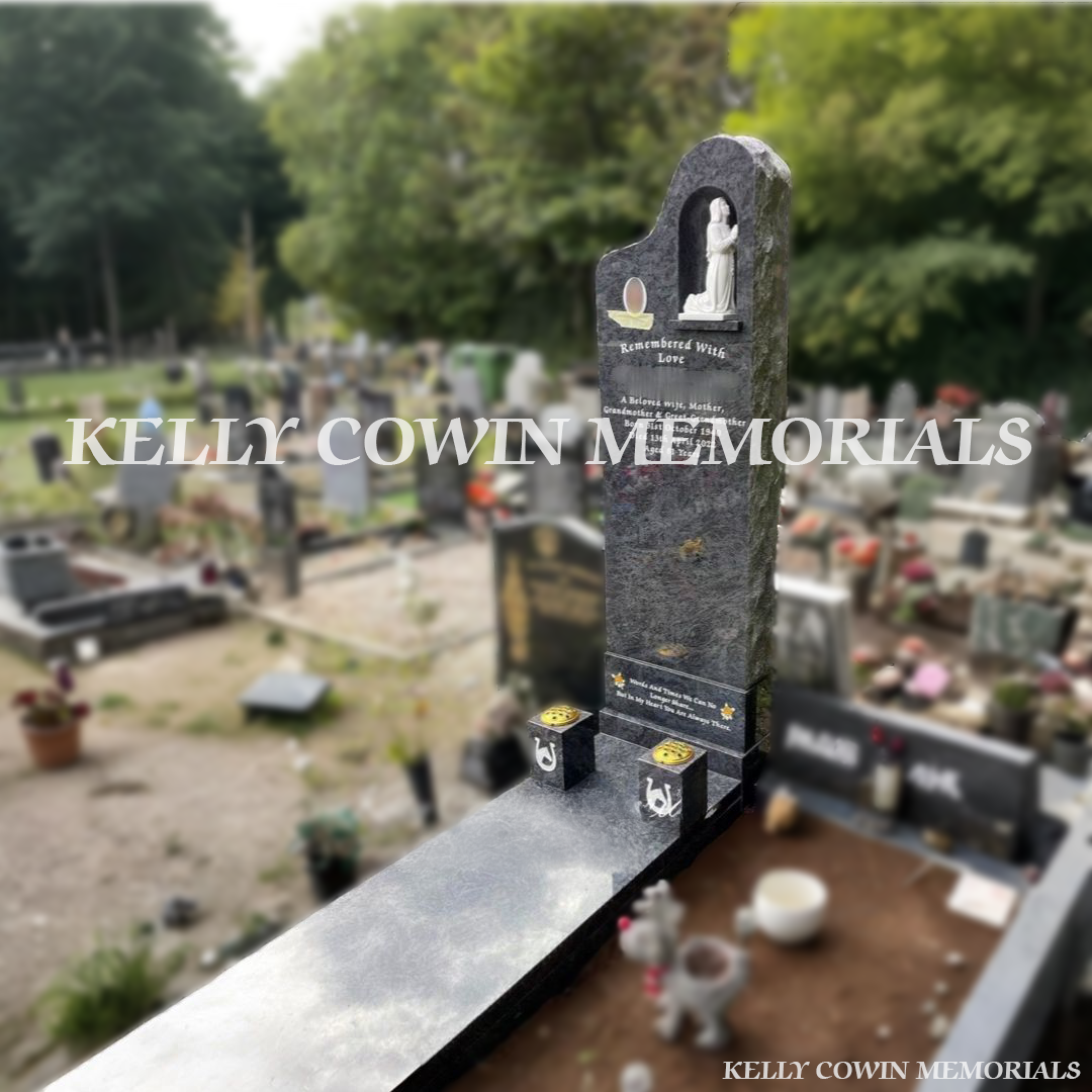 Side view of Blue Lagoon Tall Grotto memorial showing rough edges, slab, and bench in Glasnevin Cemetery