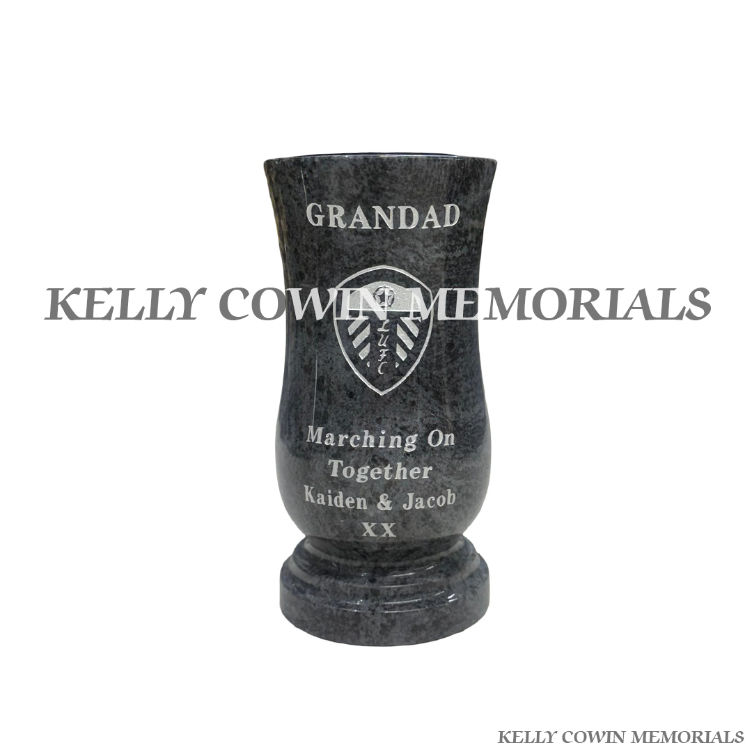 Blue Lagoon tall engraved memorial vase for graveside flowers and headstone decoration in Ireland by Kelly Cowin Memorials