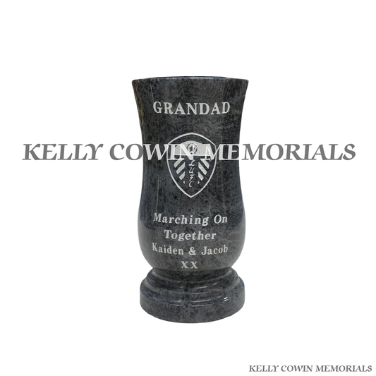 Blue Lagoon tall engraved memorial vase for graveside flowers and headstone decoration in Ireland by Kelly Cowin Memorials