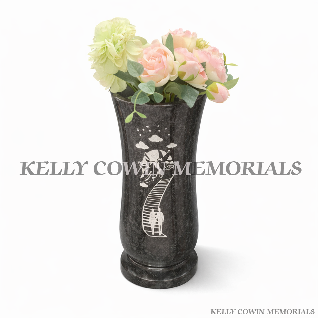 Blue Lagoon granite tall memorial vase engraved with Stairway to Heaven image for grave flowers – Kelly Cowin Memorials Ireland