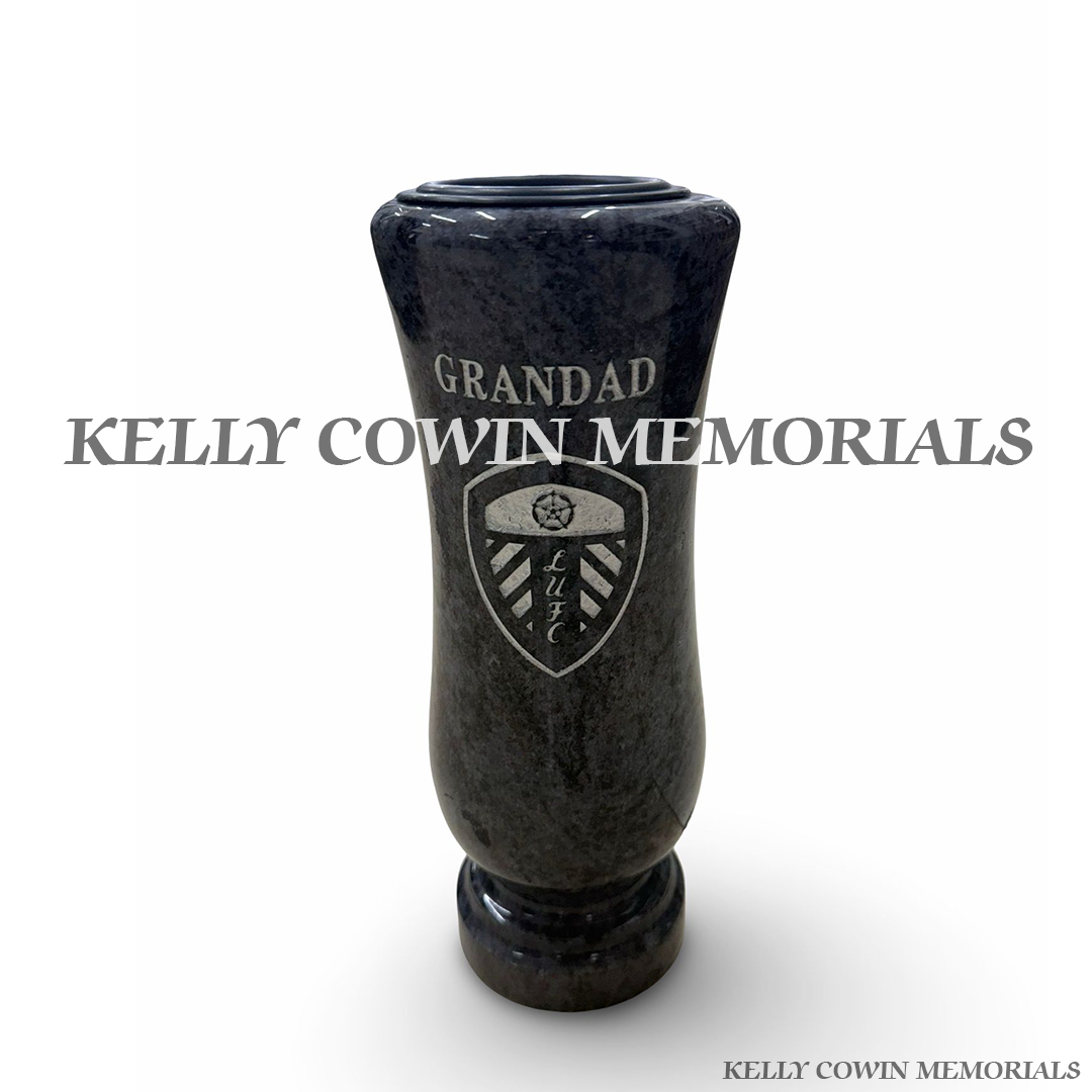 Front view of Blue Lagoon granite vase with Grandad inscription and Leeds United crest