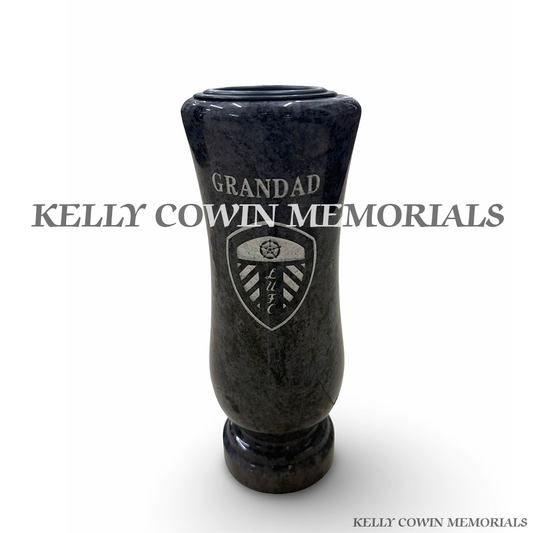 Front view of Blue Lagoon granite vase with Grandad inscription and Leeds United crest
