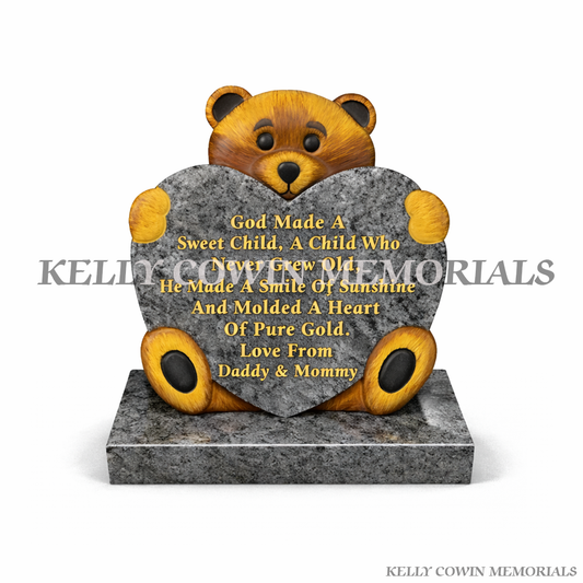 Blue Lagoon granite teddy bear holding heart children’s memorial grave ornament Ireland