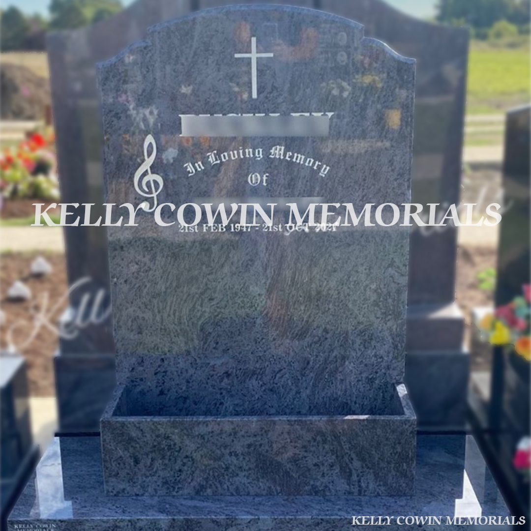 Blue Lagoon Top Nine granite headstone front view in Balgriffin Cemetery Dublin