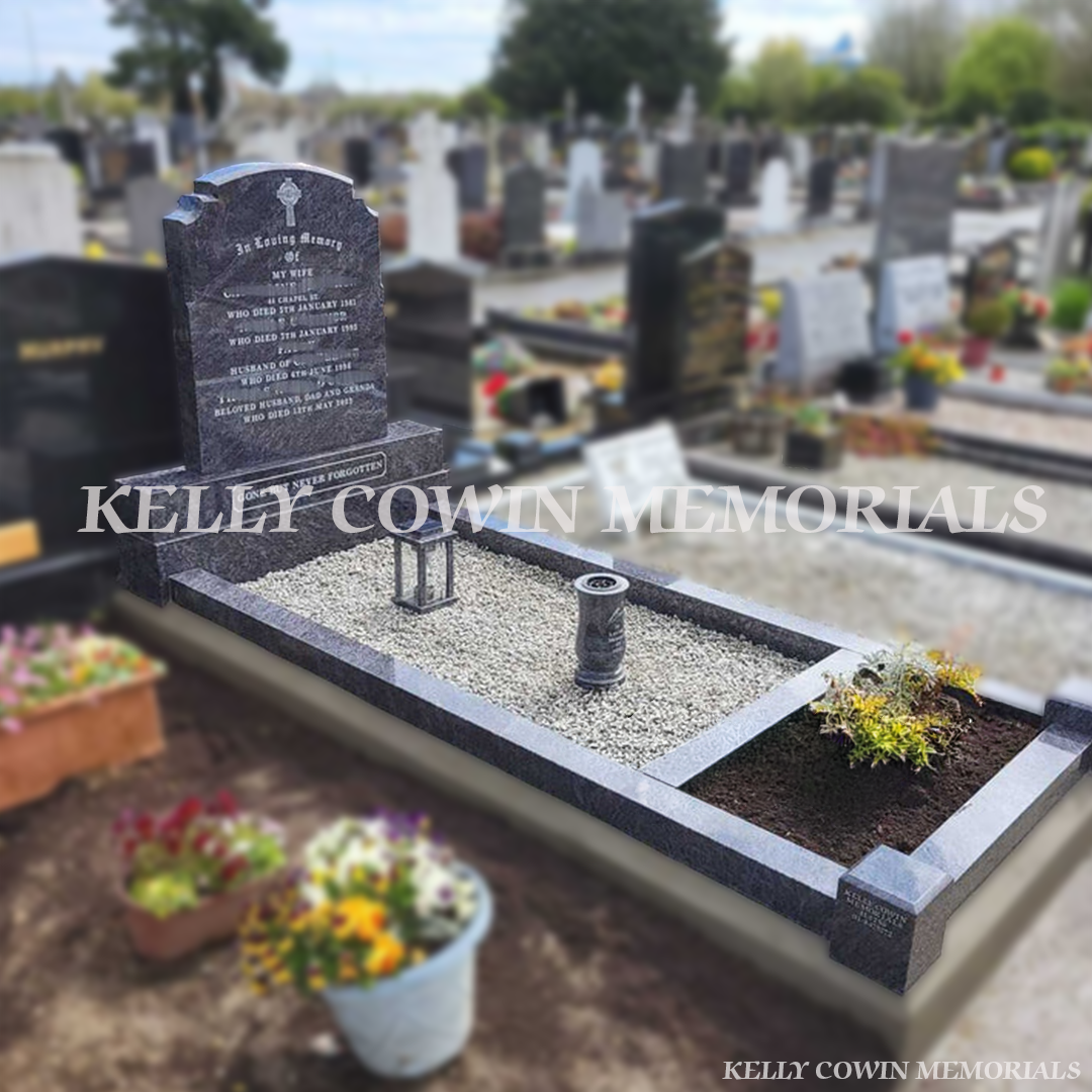 Side view of Blue Lagoon granite headstone with kerbing and garden area installed at St Peter and Paul’s Cemetery Balbriggan by Kelly Cowin Memorials