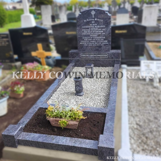 Blue Lagoon granite headstone with kerbing and garden area installed at St Peter and Paul’s Cemetery Balbriggan by Kelly Cowin Memorials