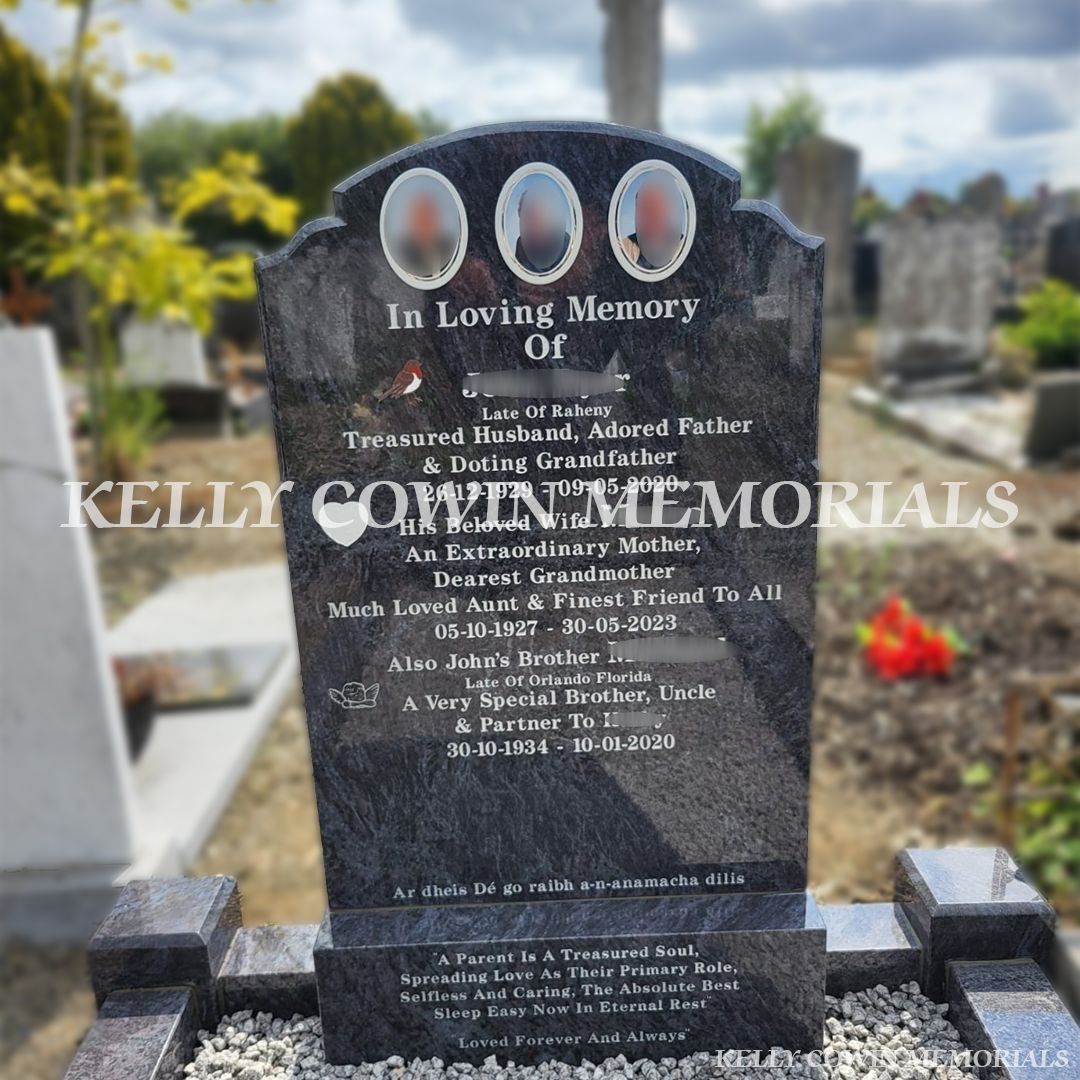 Close-up of Blue Lagoon granite texture and polished inscription panel on Top Nine headstone in Glasnevin Cemetery