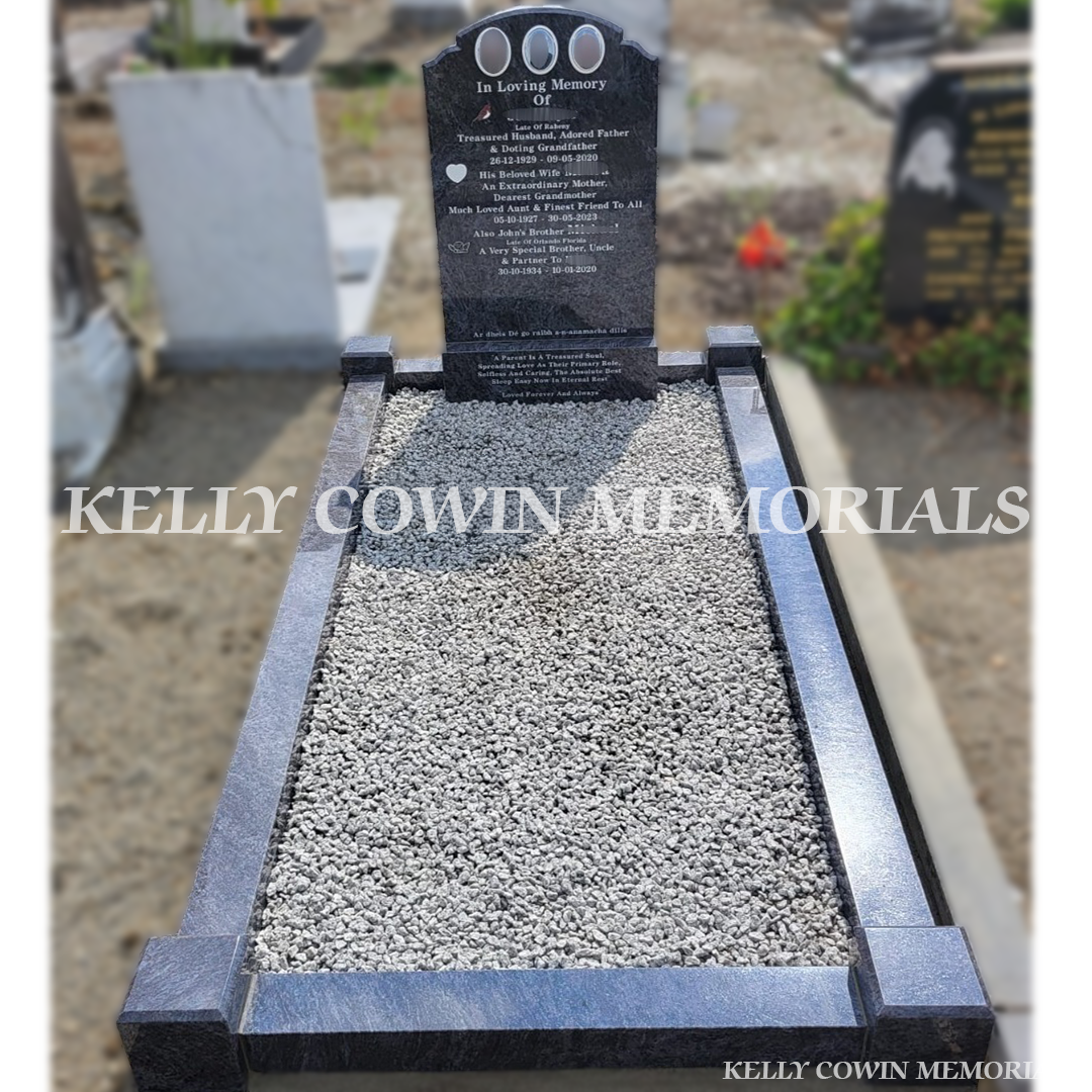 Blue Lagoon Top Nine granite headstone with polished finish installed in Glasnevin Cemetery by Kelly Cowin Memorials.