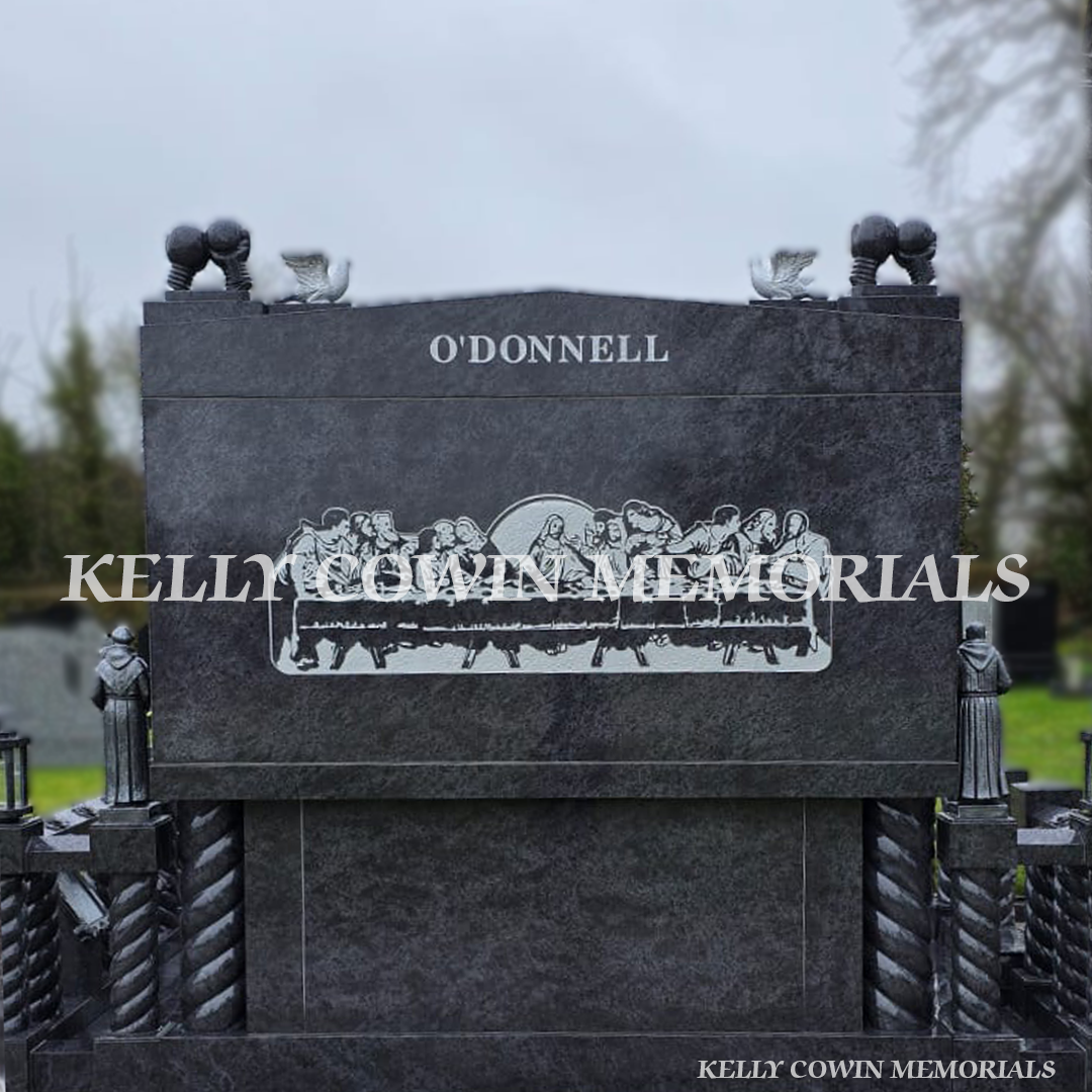 Back panel of Traveller headstone featuring Last Supper carving and twisted pillars in Limerick – Kelly Cowin Memorials