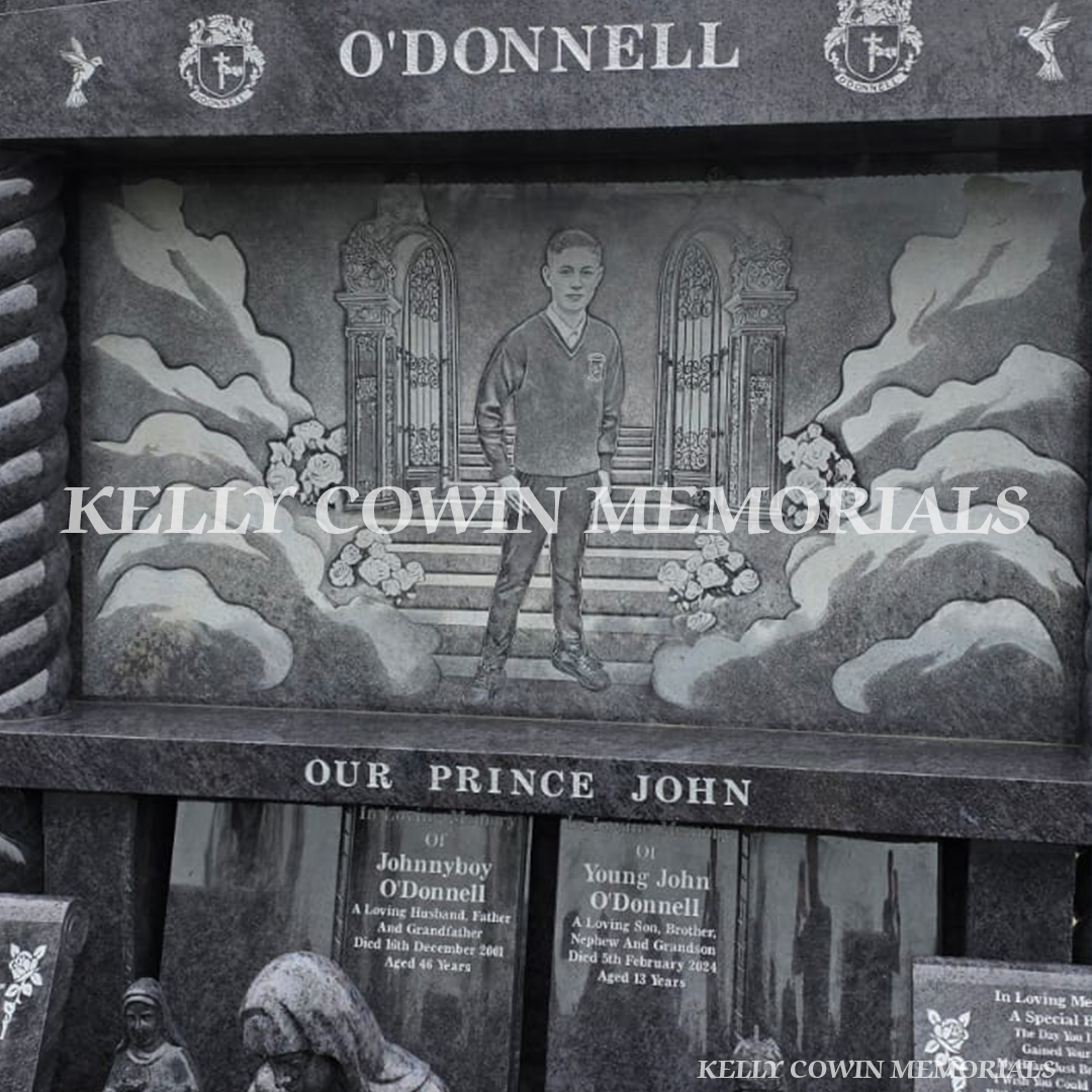 Full-body laser engraving on Blue Lagoon granite Traveller memorial in Limerick – Kelly Cowin Memorials