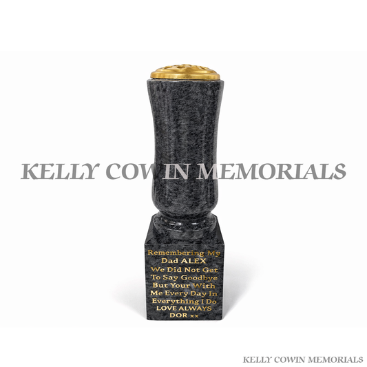 Blue Lagoon tall granite memorial vase on block base with personalised engraved inscription – Kelly Cowin Memorials Ireland