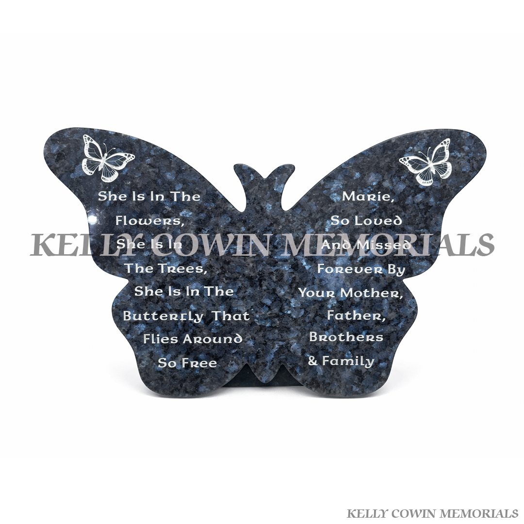 Blue Pearl granite butterfly shaped memorial plaque with personalised engraved inscription by Kelly Cowin Memorials Dublin Ireland