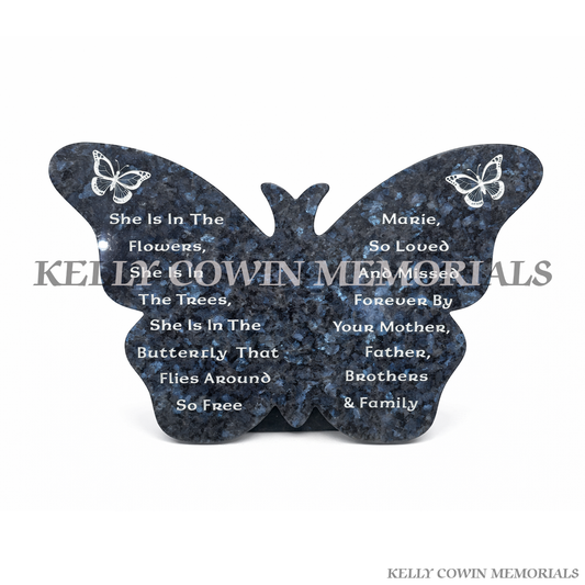 Blue Pearl granite butterfly shaped memorial plaque with personalised engraved inscription by Kelly Cowin Memorials Dublin Ireland