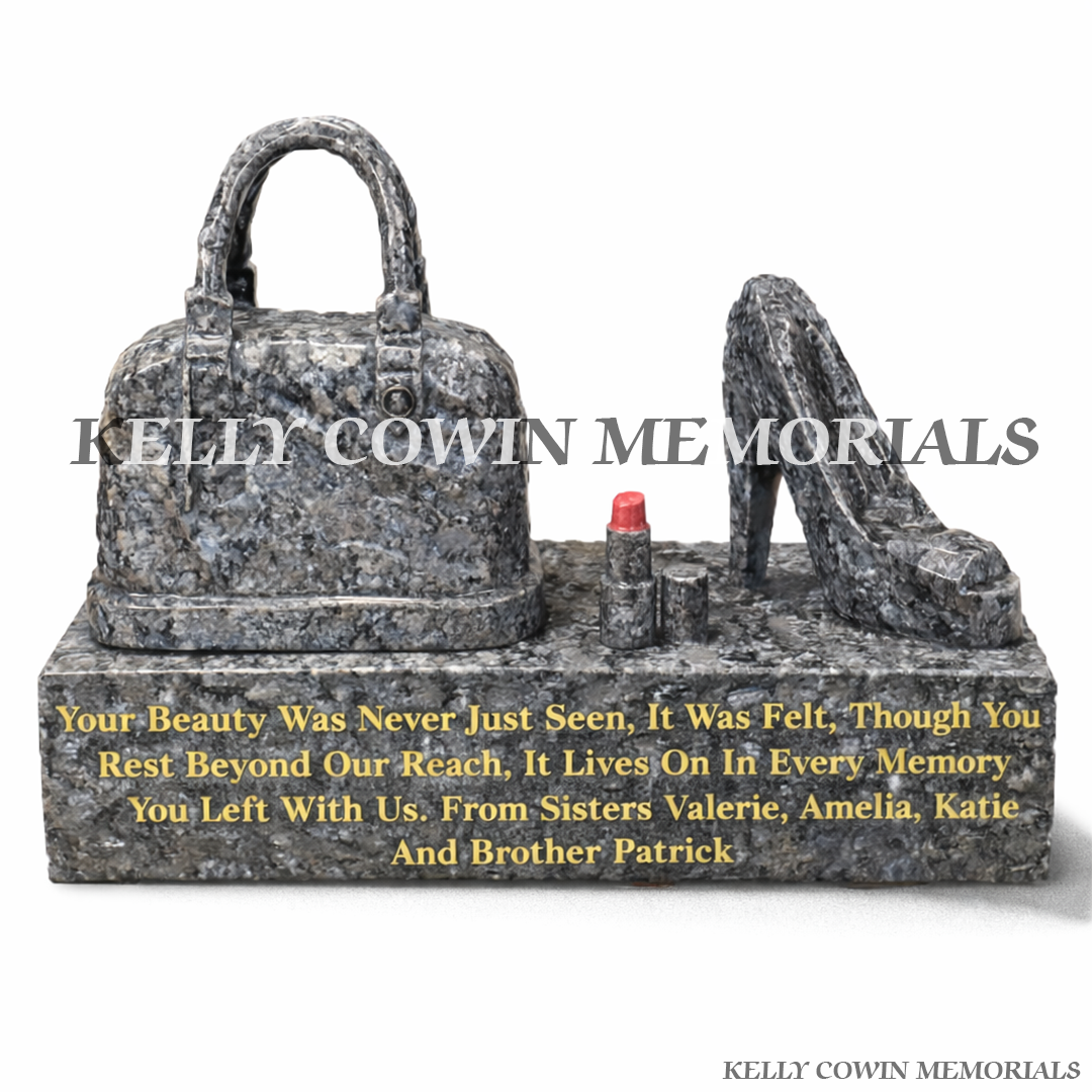 Front view of Blue Pearl granite handbag, lipstick and high heel memorial set
