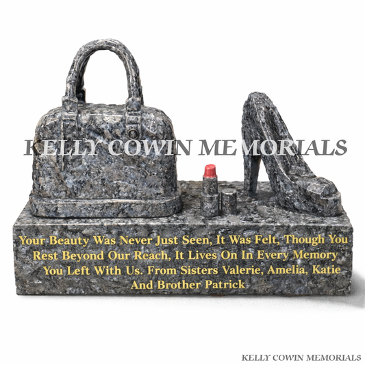 Front view of Blue Pearl granite handbag, lipstick and high heel memorial set