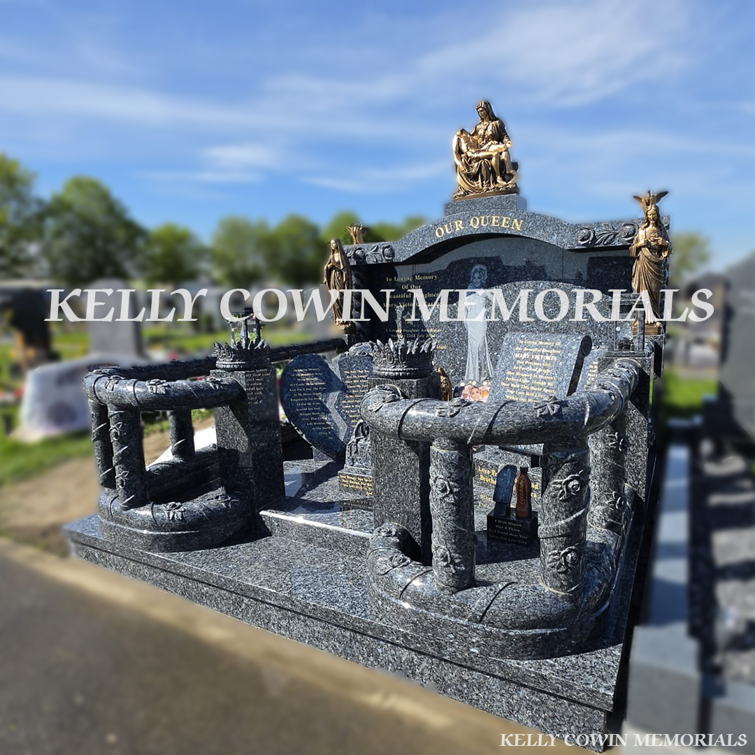 Side view of Blue Pearl memorial with railings, pillars and custom accessories