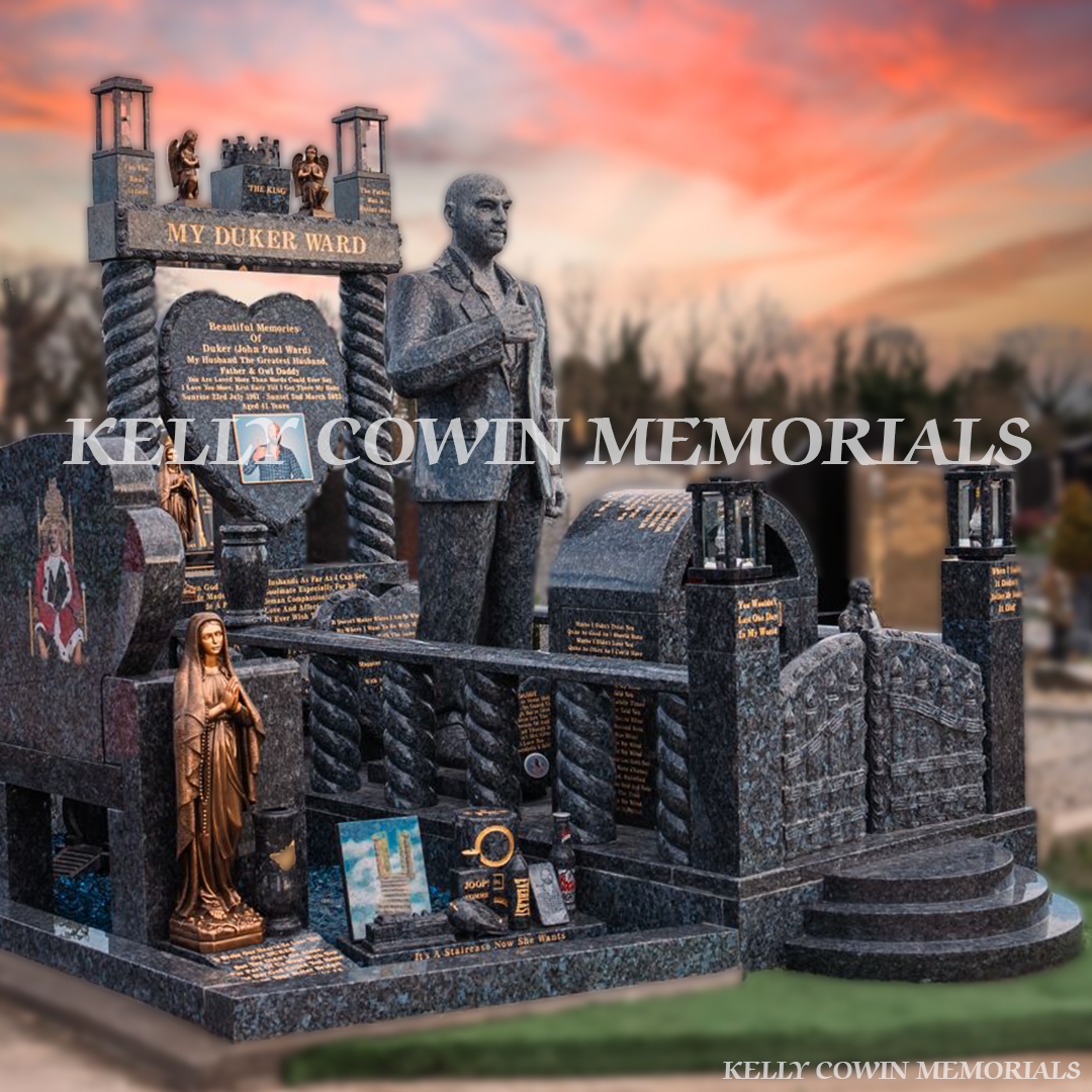 Blue Pearl Traveller custom headstone with life-size statue, twisted pillars and gates in Fingal Cemetery, North Dublin