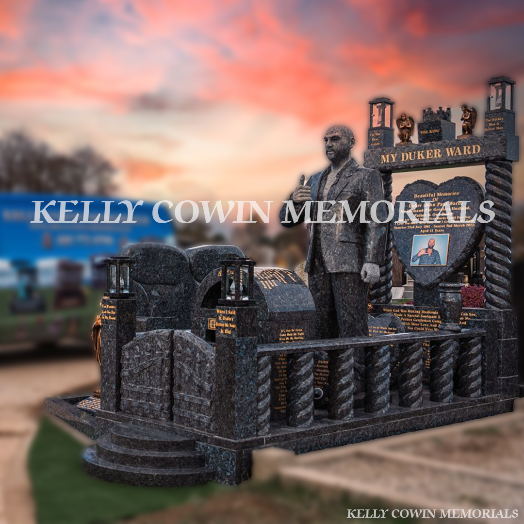 Blue Pearl Traveller custom headstone with life-size statue, twisted pillars and gates in Fingal Cemetery, North Dublin
