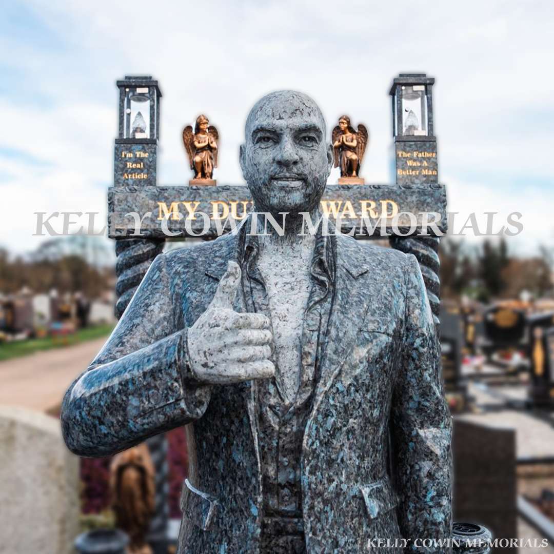 Blue Pearl Traveller custom headstone with life-size statue, twisted pillars and gates in Fingal Cemetery, North Dublin