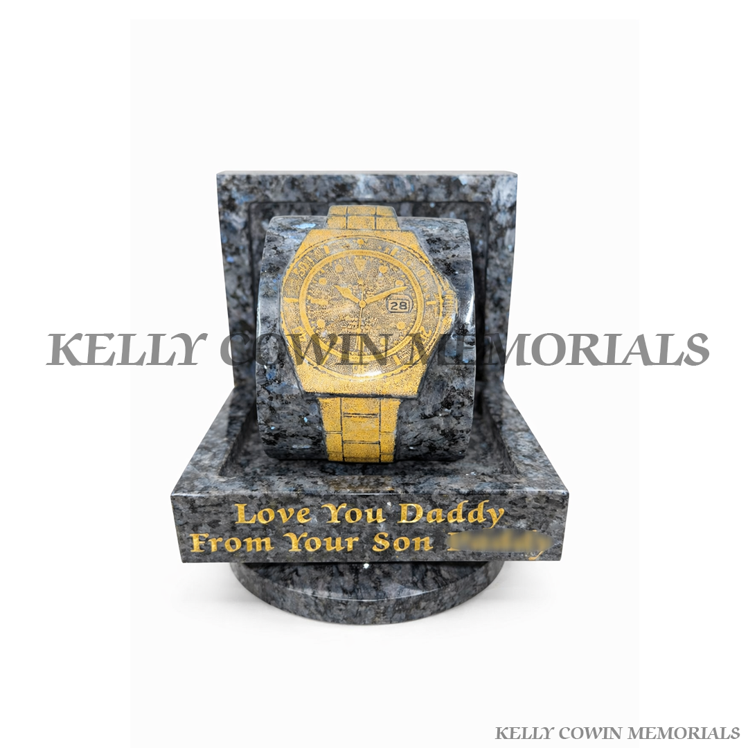 Face View Of Blue Pearl granite Rolex watch memorial ornament with gold engraved watch design by Kelly Cowin Memorials Ireland available locally and nationwide.
