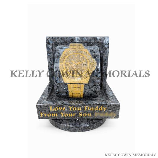 Face View Of Blue Pearl granite Rolex watch memorial ornament with gold engraved watch design by Kelly Cowin Memorials Ireland available locally and nationwide.