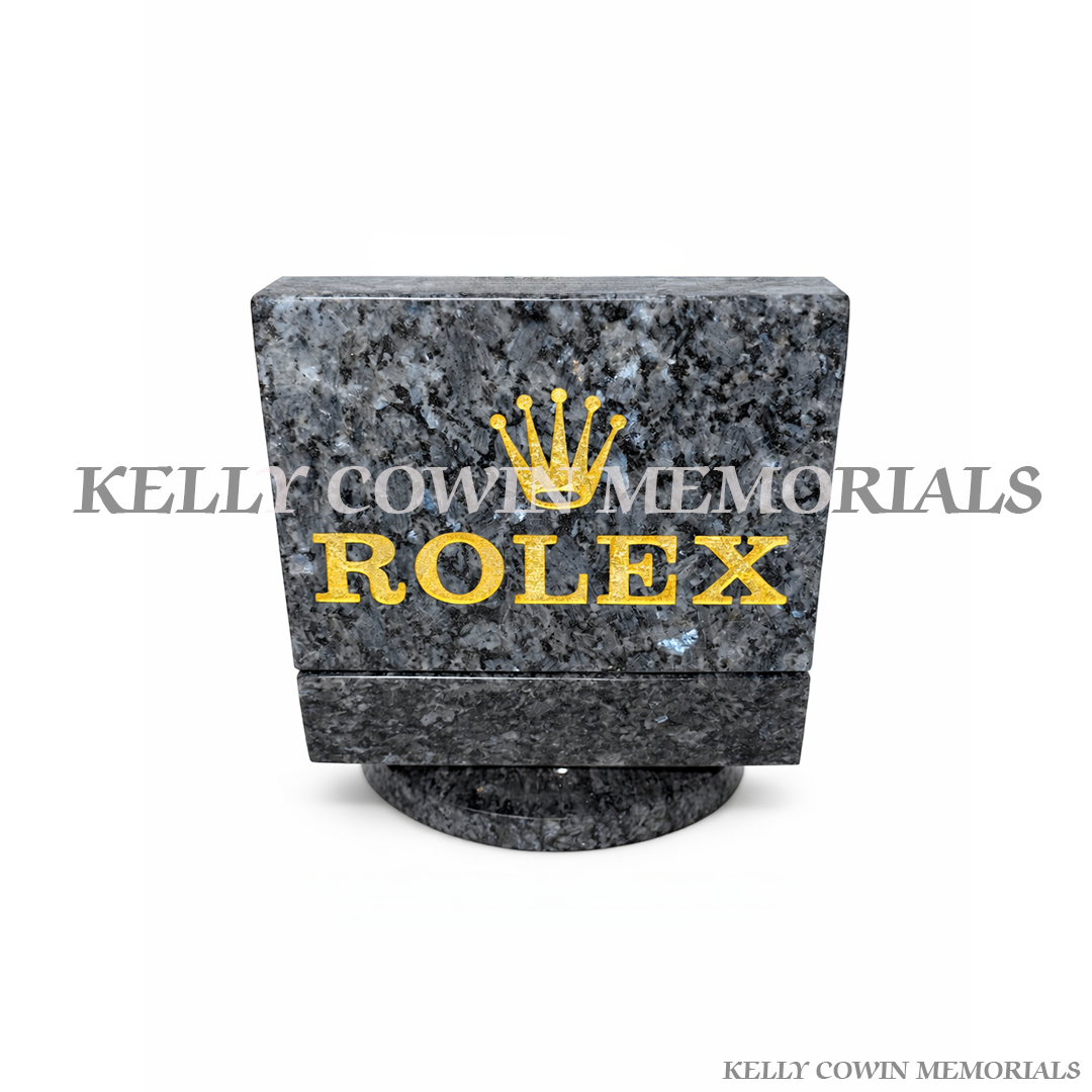 Back View Blue pearl granite Rolex watch memorial plaque with gold crown engraving by Kelly Cowin Memorials Ireland available locally in Dublin and nationwide.
