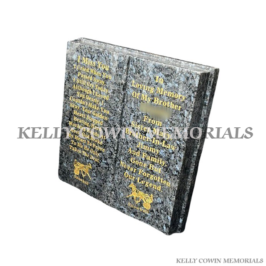 Blue Pearl granite book memorial ornament for graves and headstones handcrafted in Dublin with nationwide delivery across Ireland