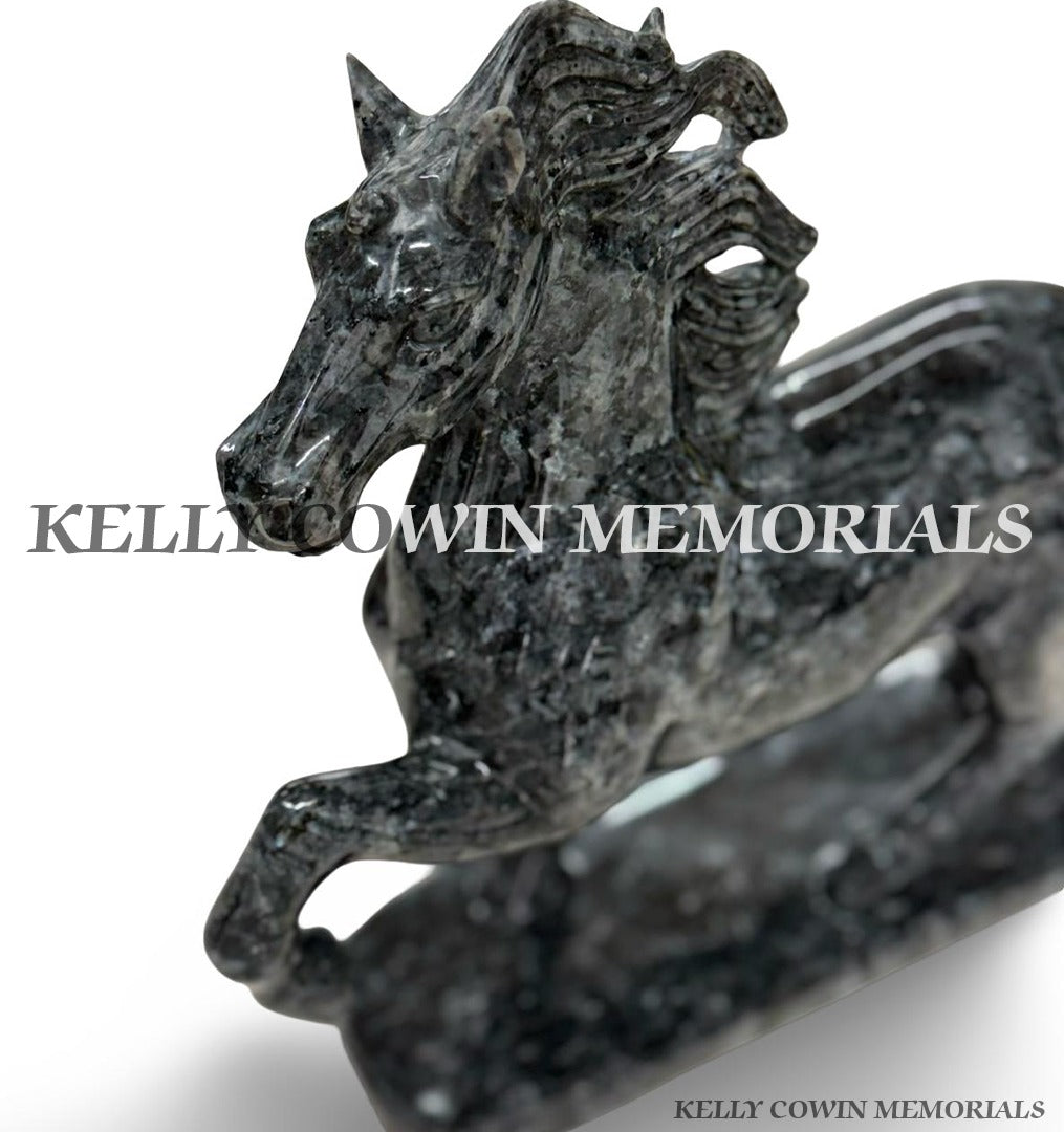 Black granite and Blue Pearl granite horse memorial ornaments available from Kelly Cowin Memorials in Ireland.