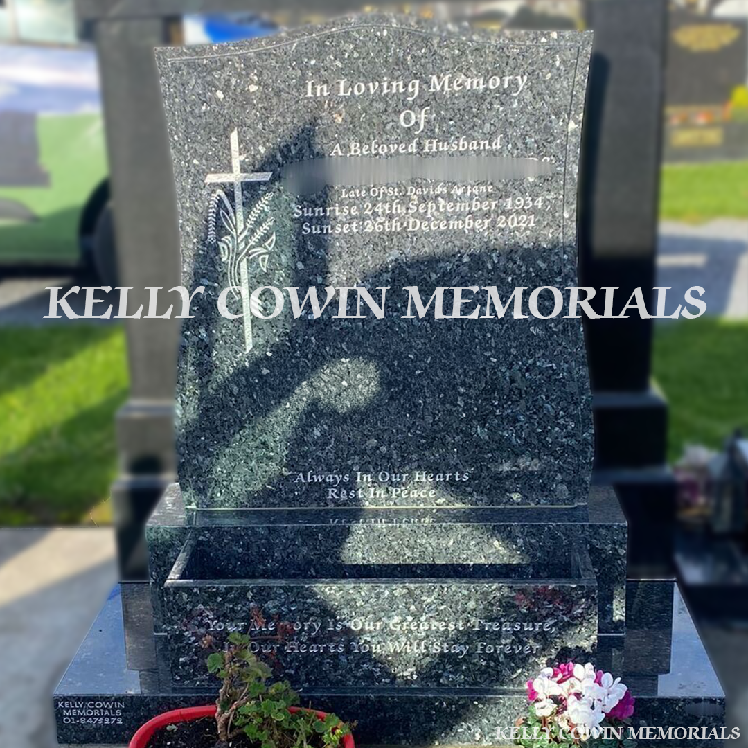 Front view of Blue Pearl granite headstone on base and plinth in Balgriffin Cemetery Dublin