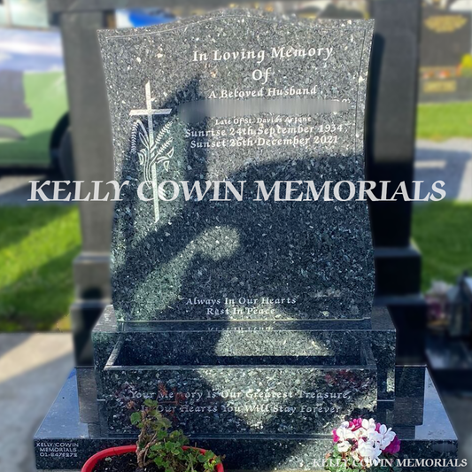 Front view of Blue Pearl granite headstone on base and plinth in Balgriffin Cemetery Dublin