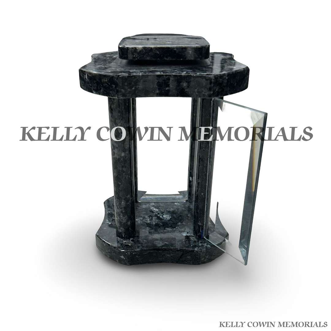 Front view of Blue Pearl granite hexagon lantern