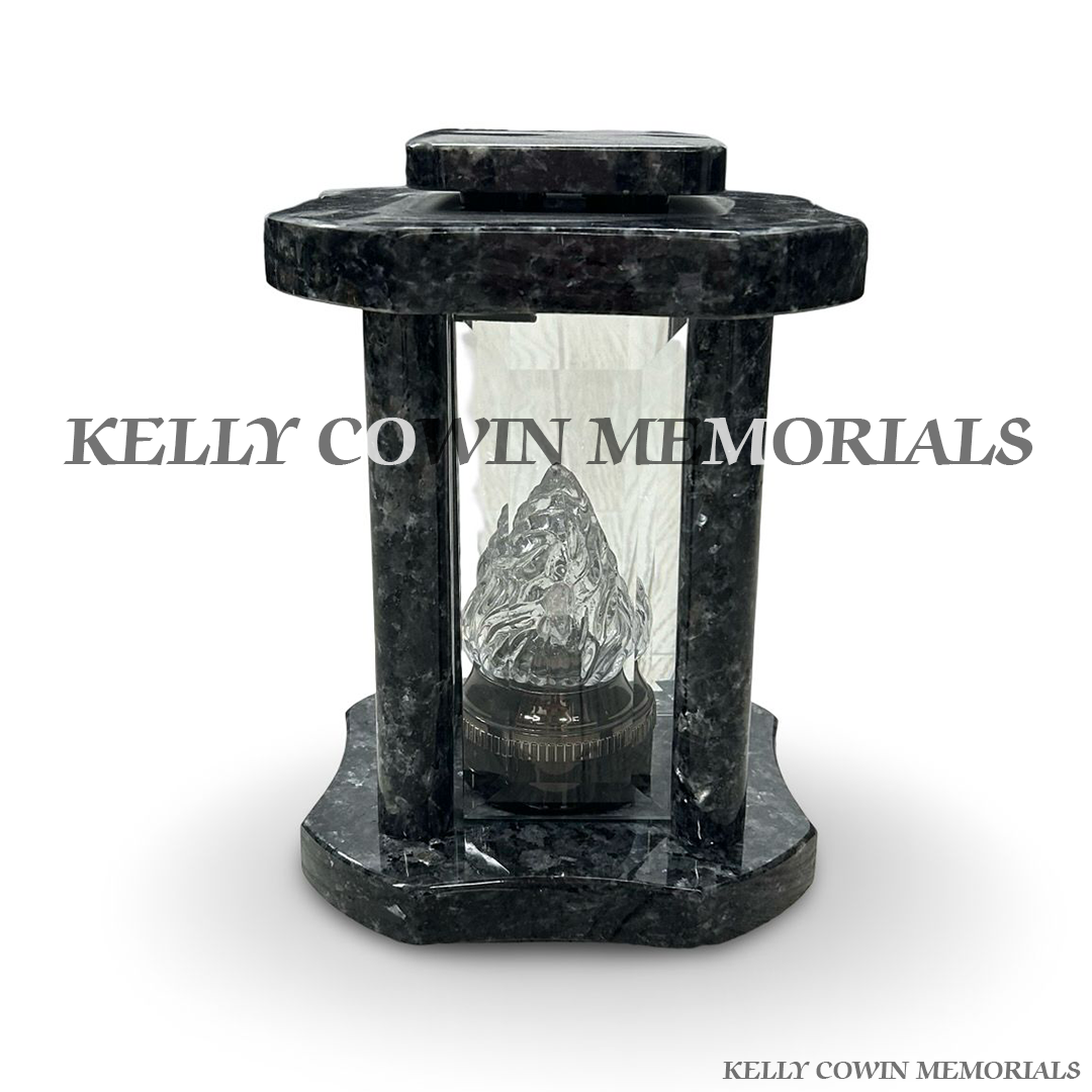 Front view of Blue Pearl granite hexagon lantern