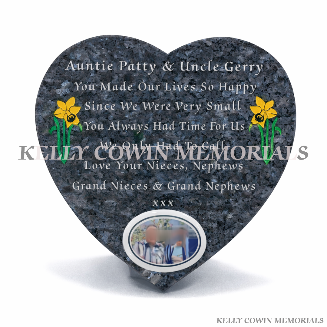 Blue Pearl granite 12 inch heart shaped memorial plaque with ceramic photo by Kelly Cowin Memorials Dublin